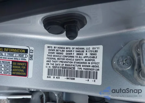 2011 Honda Civic Lx-S z USA, uszkodzony, nr VIN 19XFA1F65BE034230